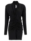 Victoria Beckham Draped V-neckline Ruched Long Sleeve Mini Dress In Black