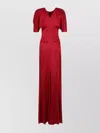 Victoria Beckham Long Waist Ruched Sleeve V-neck Dress In Red
