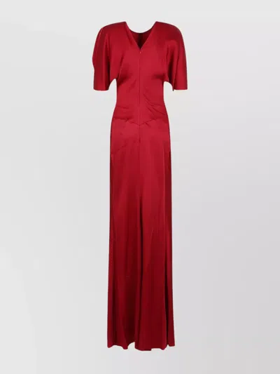 Victoria Beckham Long Waist Ruched Sleeve V-neck Dress In Red