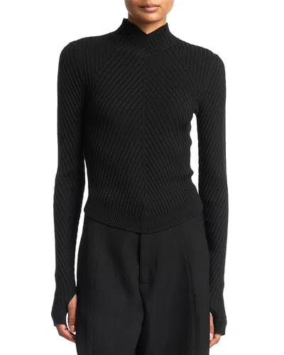 Victoria Beckham Merino Wool Ribbed Long Sleeve Top In Black