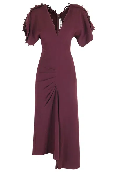 VICTORIA BECKHAM MERLOT MIDI DRESS WITH ROULEAUX DETAIL