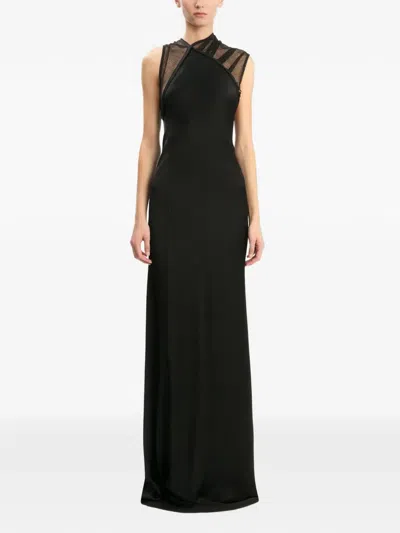 Victoria Beckham Asymmetric Mesh Trim Trumpet Gown In Black