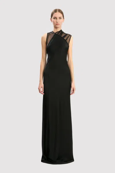 Victoria Beckham Asymmetric Mesh Trim Trumpet Gown In Black
