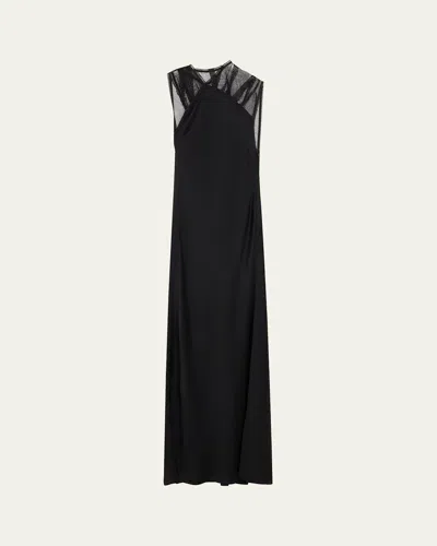 Victoria Beckham Mesh Open-back Satin Column Gown In Black
