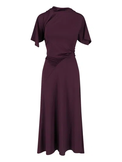 Victoria Beckham Burgundy Midi Dress With Ruched Asymmetrical Detailing In Brown