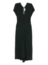 Victoria Beckham Green Midi Dress With Ruched Sleeves And V Neck In Black