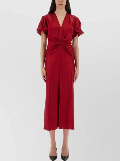 Victoria Beckham Midi Dress With V-neckline And Ruffled Sleeves In Red