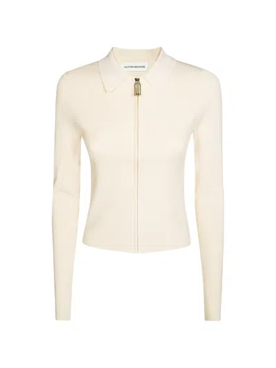 Victoria Beckham Ribbed Knit Fitted Polo Shirt In Multi