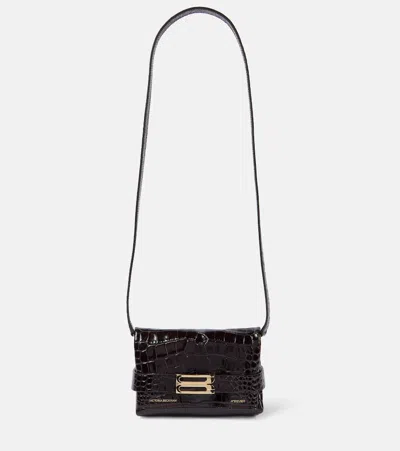 Victoria Beckham Mini B Buckle Chain Croc Embossed Clutch In Espresso