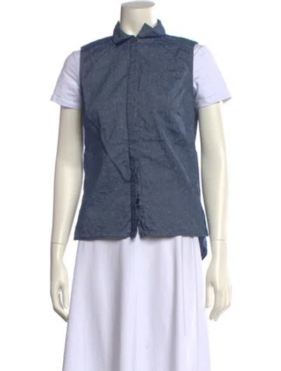 Pre-owned Victoria Beckham Mock Neck Short Sleeve Button-up Top In Blue