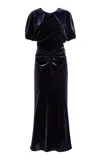 Victoria Beckham Bela Ruched Velvet Midi Dress In Blue