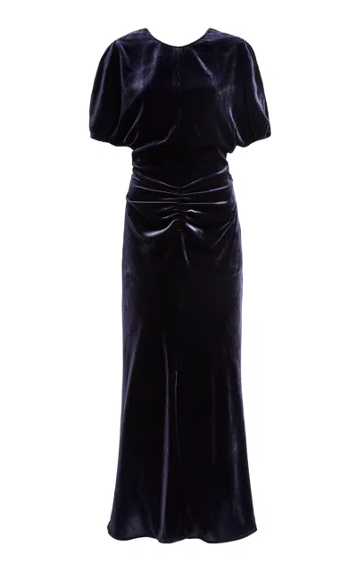 Victoria Beckham Bela Ruched Velvet Midi Dress In Blue
