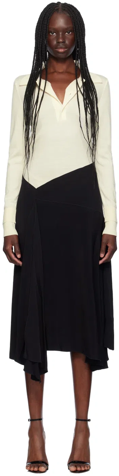 Victoria Beckham Off-white & Black Henley Shirt Midi Dress In Ivory / Black
