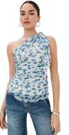 Victoria Beckham Asymmetric Draped Floral Ruched Sleeve Top In Cloud/blue