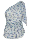 Victoria Beckham Asymmetric Draped Floral Ruched Sleeve Top In Cloud Blue