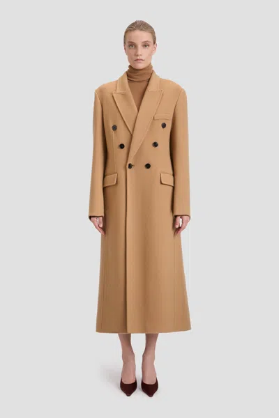Victoria Beckham Womens Camel Double Faced Peak-lapels Wool And Cashmere Coat In Brown