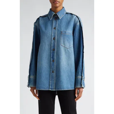 Victoria Beckham Oversize Pleated Cotton Denim Button-up Shirt In Blue