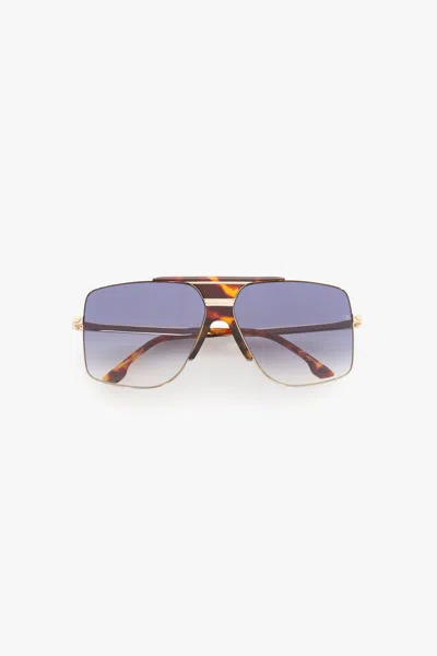 Victoria Beckham Oversized Metal And Acetate Frame In Gold Havana In Blue