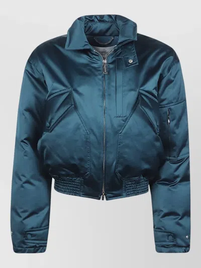 Victoria Beckham Padded Bomber Jacket Buttons Elasticated Hem In Blue