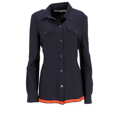 Victoria Beckham Paneled Belted Long Sleeve Shirt In Navy Blue Polyester