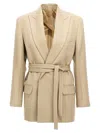 Victoria Beckham Belted Waist Blazer With Chest And Flap Pockets In Neutral