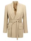 Victoria Beckham Belted Waist Blazer With Chest And Flap Pockets In Neutral