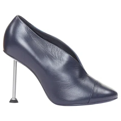 Pre-owned Victoria Beckham Pin Dark Navy Blue Smooth Leather Silver Nail Heel Pumps Eu38