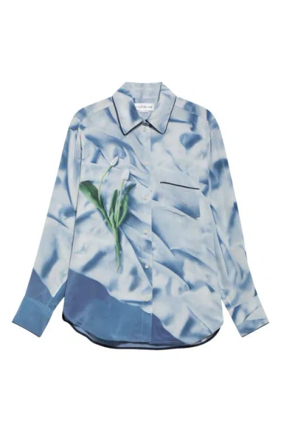 Victoria Beckham Piped Floral Silk Satin Button-up Pajama Shirt In Blue
