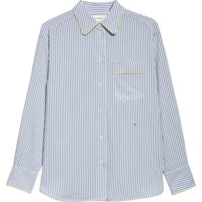 Victoria Beckham Piped Stripe Button-up Pajama Shirt In White/regatta/ice Lemon