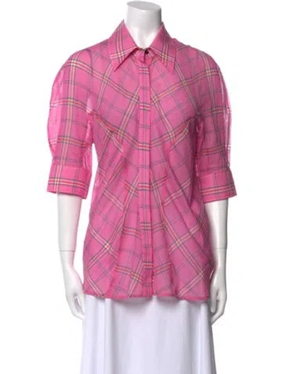 Pre-owned Victoria Beckham Plaid Print Three-quarter Sleeve Button-up Top In Pink