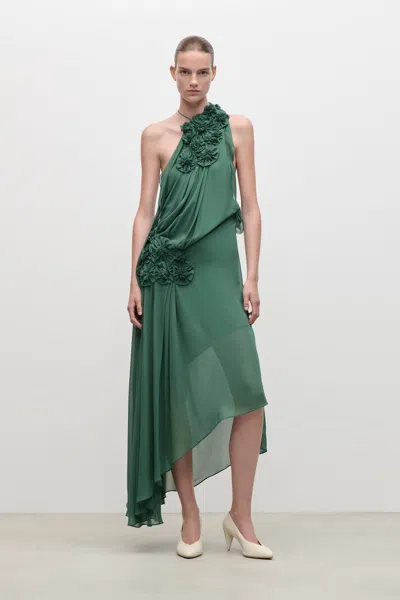 Victoria Beckham Pleated Applique Gown In Green In Animal Print