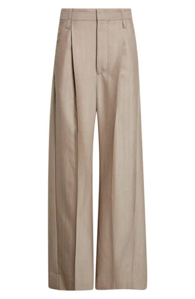 Victoria Beckham Pleated Virgin Wool Herringbone Straight Leg Pants In Brown