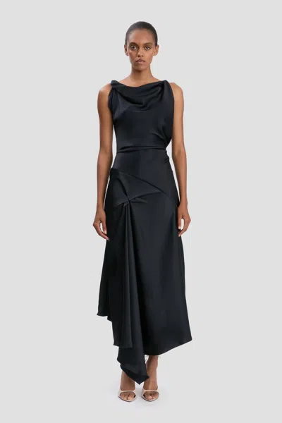 Victoria Beckham Womens Black Posy Draped Asymmetric Woven Midi Dress