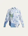 Victoria Beckham Printed Button Down Piping Detail Pajama Shirt In Sat Flw Ice Blu