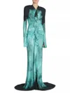Victoria Beckham Printed Fluid Jersey A/o Feather Dress In Teal/black In Blue