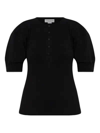 Victoria Beckham Womens Black Henley Ribbed Stretch-cotton Top