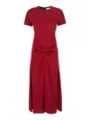 Victoria Beckham Red Crewneck Midi Dress With Gathered Waist And Rear Zip Closure In Red