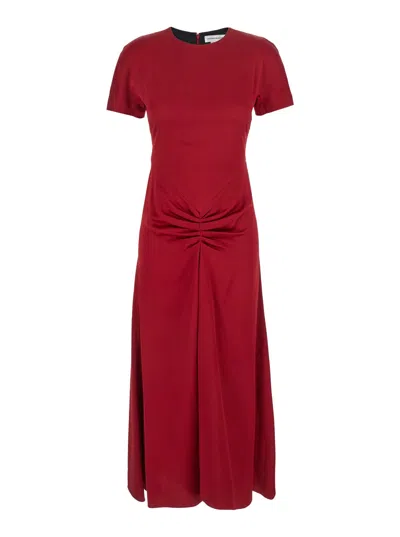 Victoria Beckham Red Crewneck Midi Dress With Gathered Waist And Rear Zip Closure In Viscose Blend Woman
