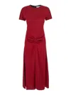 Victoria Beckham Red Crewneck Midi Dress With Gathered Waist And Rear Zip Closure