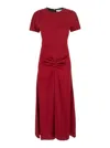 Victoria Beckham Red Crewneck Midi Dress With Gathered Waist And Rear Zip Closure In Red