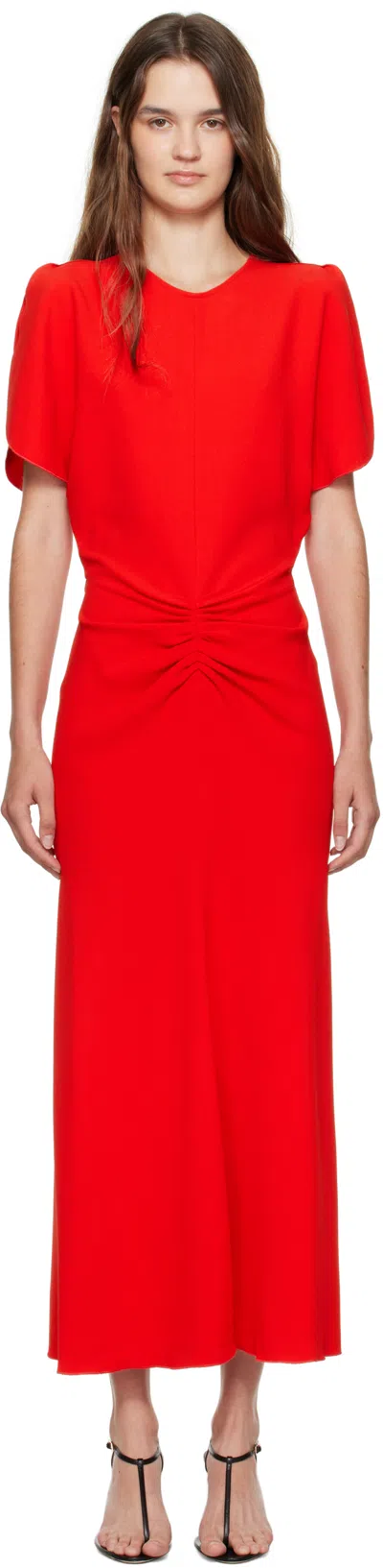 Victoria Beckham Red Gathered Waist Midi Dress