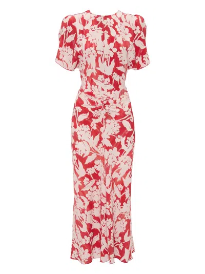 Victoria Beckham Red Midi Dress With Blush Flower Print