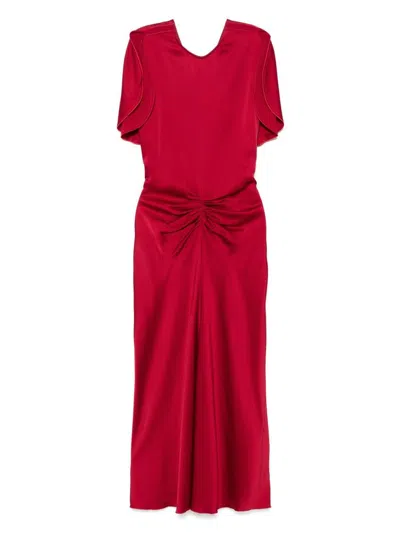 VICTORIA BECKHAM RED MIDI DRESS  WITH RUFFLED DETAIL