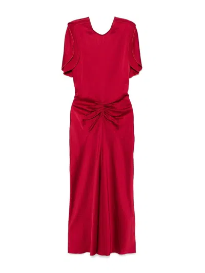 VICTORIA BECKHAM RED MIDI DRESS  WITH RUFFLED DETAIL