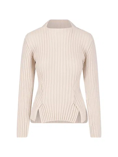 Victoria Beckham Ribbed Cashmere-merino Knit Sweater With Square Neckline In Neutral