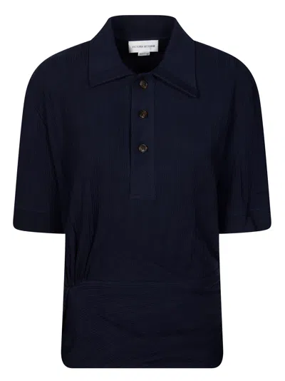 Victoria Beckham Ribbed Fitted Polo Shirt In Blue