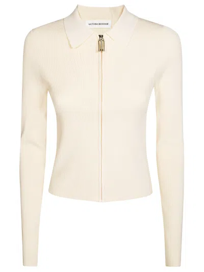 Victoria Beckham Ribbed Knit Fitted Polo Shirt In White