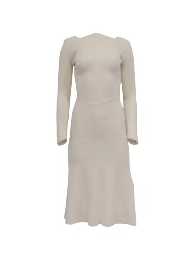 Pre-owned Victoria Beckham Ribbed-knit Long-sleeve Midi Dress In Neutral