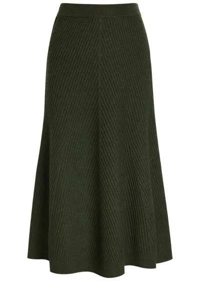 Victoria Beckham Ribbed Merino Wool Midi Skirt In Green