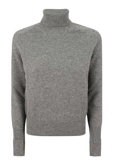 Victoria Beckham Ribbed Turtleneck Wool Sweater With Logo Detail In Gray